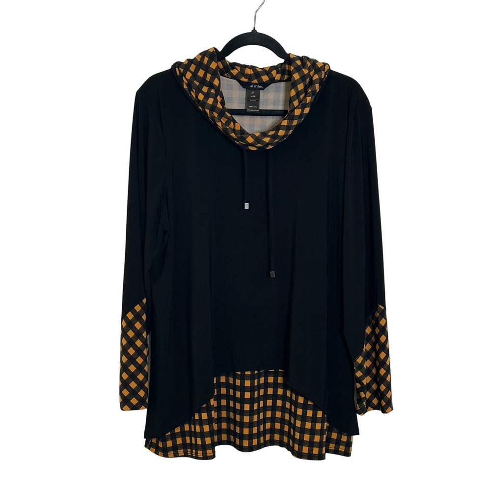 Ali Miles Cowl Neck Knit Tunic Top Size XL Black Gold Gingham Check Fall Autumn‎